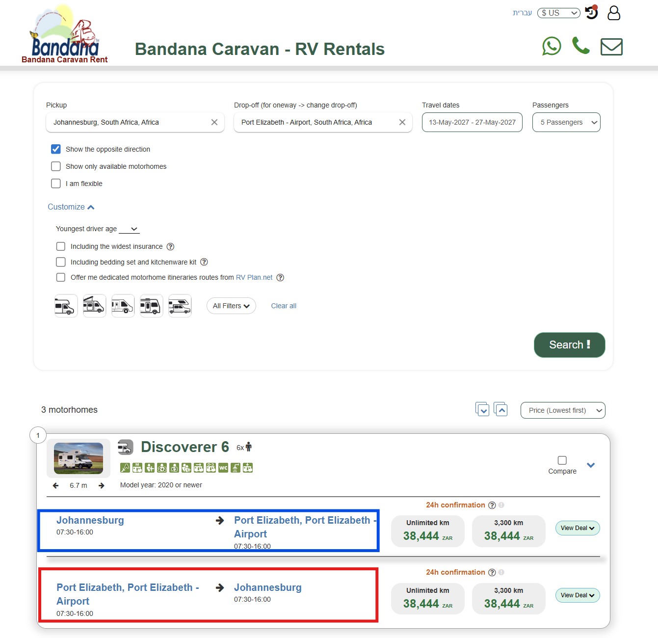 motorhome rentals in Africa PRICES Example